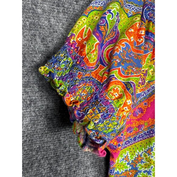 Lauren Ralph Lauren Smocked Short Sleeve Top Large Colorful Boho Preppy Peasant - Picture 4 of 6